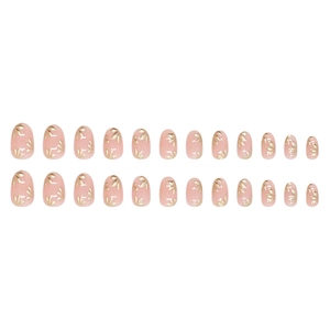 Set of 24 press-on nails with pale pink base and gold leaf patterns in almond shape
