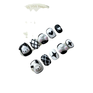 3D Panda Künstliche Fingernägel Set in Schwarz-Weiß mit Herz und Karomuster Motiv