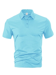 Detail of light blue polo shirt collar showing M size label and polyester fabric texture