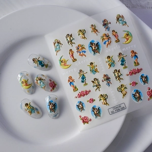 5D embossed nail art stickers featuring vintage cherubs and pink rose designs
