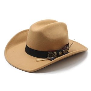 Detail view of the felt cowboy hat with a black decorative band and a feather accessory