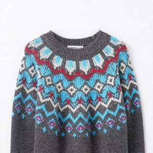 Grey Fair Isle jacquard knit sweater with colorful geometric patterns and ribbed crew neck