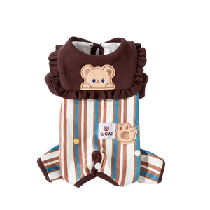 Striped pet onesie with bear embroidery and ruffle collar in cozy warm fabric