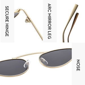 Detail view of the secure hinge, curved mirror legs and nose pads on metal sunglasses
