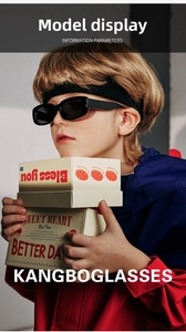 Toddler model wearing black rectangular polarized sunglasses for UV protection