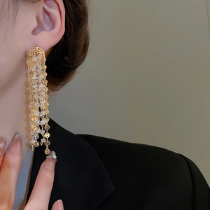 Detail of 18k gold plated long tassel earrings with sparkling cubic zirconia on a model
