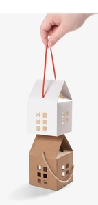 Detail of white and brown house-shaped paper gift boxes with cutout windows and rope handles