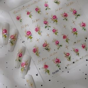 5D embossed nail stickers featuring vintage pink roses and gold leaf accents for French manicure