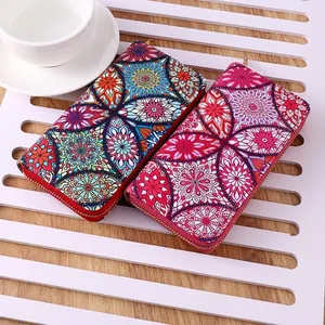 Ethnic bohemian mandala pattern long wallets with golden zipper for women