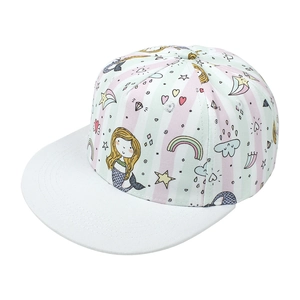 Top view of kids flat brim baseball cap with pink stripes and cartoon mermaid prints