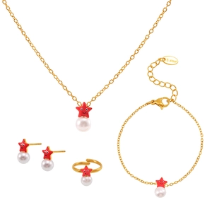 Conjunto de joyas infantiles de acero dorado con estrellas rojas y perlas blancas
