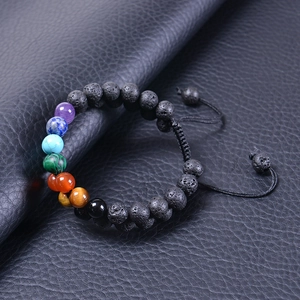 Adjustable 8mm natural lava stone chakra bracelet with seven colorful gemstone beads