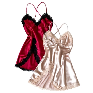 Wine red and champagne satin nightgowns with lace trim and elegant criss-cross back straps