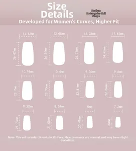 Detailed size chart for medium-long square press-on nails with specific mm measurements
