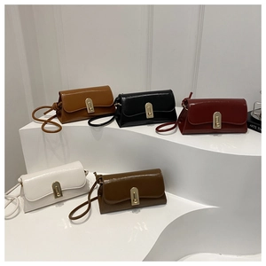 Elegant glossy faux leather baguette shoulder bags in five colors with gold buckles