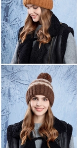 Close-up of winter knit hat featuring thick crochet texture and a fluffy pom-pom detail