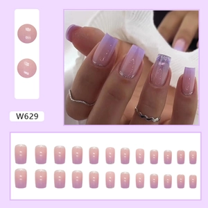 Purple gradient square press-on nails with silver glitter accent, 24pcs manicure set