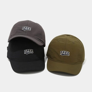 Detailed pile of quick-dry baseball caps in grey, black and olive green with FREE embroidery