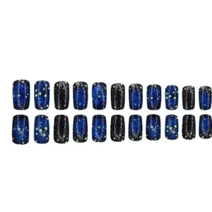24pcs deep blue starry sky square press-on nails with cat eye effect and star patterns
