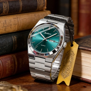 Close-up of green dial men watch with double calendar on vintage books display
