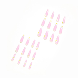 24pcs long coffin press-on nails with pink gradient, white daisies and French tips