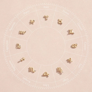 Macro view of 12 zodiac gold earrings with tiny diamonds on a pink celestial chart