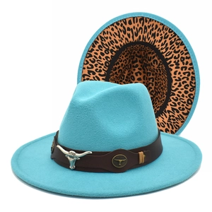 Light blue fedora with leather band, silver bull head ornament and leopard print brim