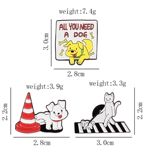 Detailed view of three cute cartoon animal enamel pins showing sizes and weights