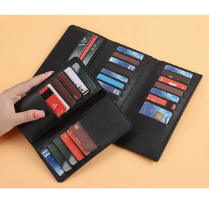 Detail view of a black leather multi-slot card holder wallet showing internal capacity
