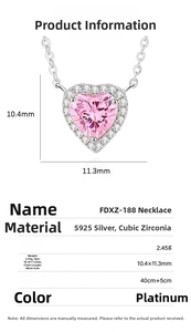 Detail view of S925 silver pink heart pendant necklace with specifications and dimensions