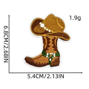 Western cowboy hat and boots embroidery patch with specific dimension markings