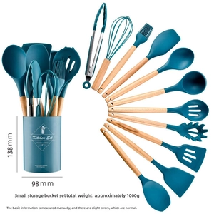 Deep teal silicone kitchenware set with wood handles and a round storage container
