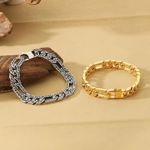 Vintage steel 3:1 NK chain bracelet in gold and silver finish with engraved details