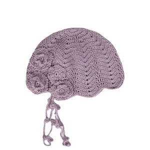 Handmade lavender crochet beanie for babies with 3D floral accents and tassels