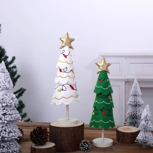 Set of two fabric Christmas tree desk ornaments with embroidery and wooden base