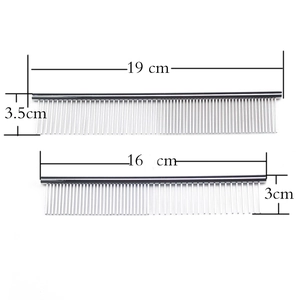 Detailed dimensions of silver stainless steel pet combs in 16cm and 19cm sizes