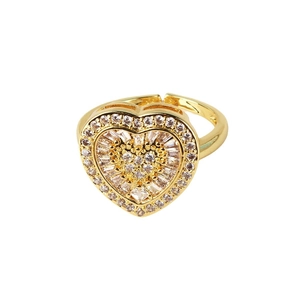 Adjustable gold plated open ring with heart shape and pave set white zircon stones