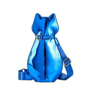 Detail of royal blue patent leather cat shaped crossbody bag with adjustable strap