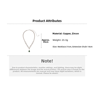 Detail of luxury waterdrop pendant necklace with green zircon and copper chain length data