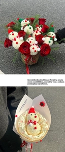 DIY Christmas bouquet set featuring snowman decorations and red roses in a woven basket