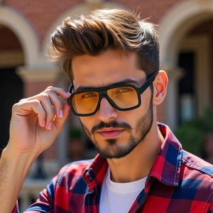 Close-up of men's square sunglasses with thick black frames and vintage orange lenses
