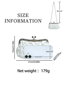 White satin evening clutch bag with rhinestone buckle and chain size information