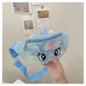 Close-up of unicorn sequin waist bag featuring 3D ears and colorful embroidery details