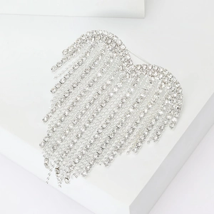 Detail of silver rhinestone fringe wing brooch pinned on white geometric block background