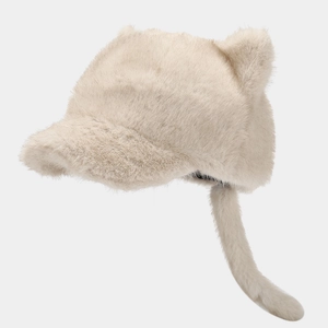 Cute beige plush baseball cap with 3D cat ears and long furry tail for winter warmth