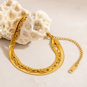 Elegant layered 18K gold stainless steel chain bracelet with bead and snake link detail