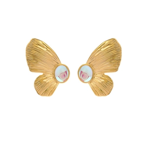 Golden butterfly wing earrings with iridescent gemstones and detailed radial texture
