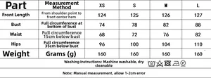 Size chart for lace satin backless dress showing measurements from XS to L in centimeters