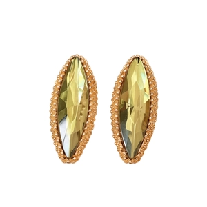 Elegant marquise cut yellow crystal stud earrings with rose gold milgrain detail on white