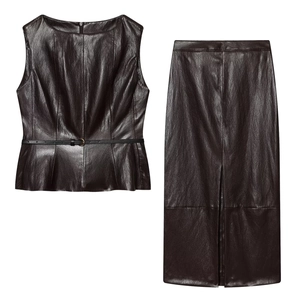 Top Peplum Senza Maniche In Ecopelle Con Cintura E Gonna Midi Con Spacco A Vita Alta Streetwear Elegante Tinta Unita